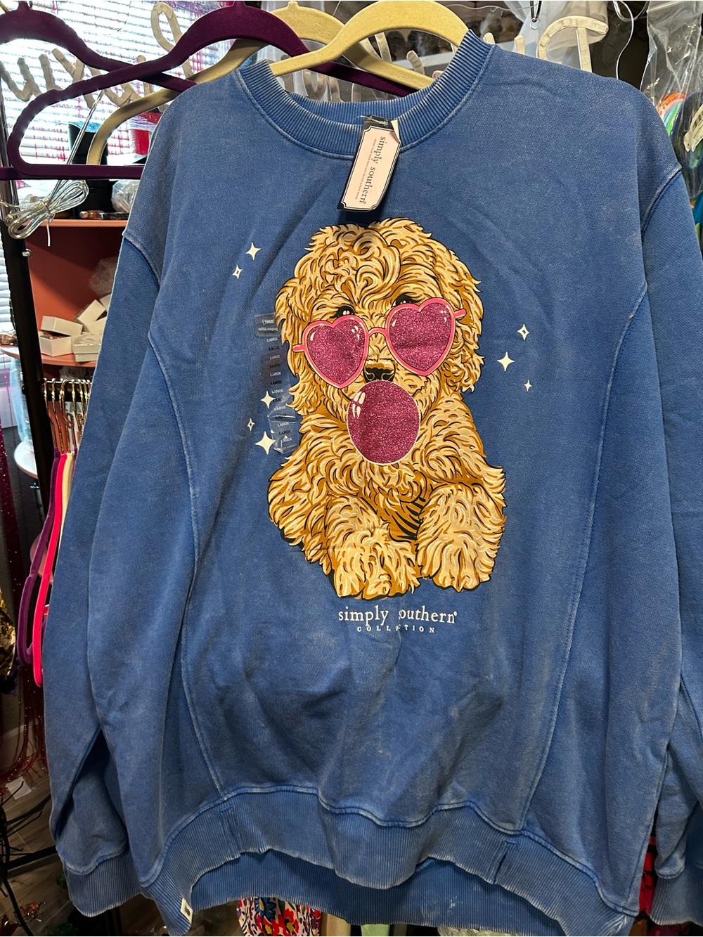 Simply Southern Blue Sweatshirt with Pink Heart Shades & Pink Bubble